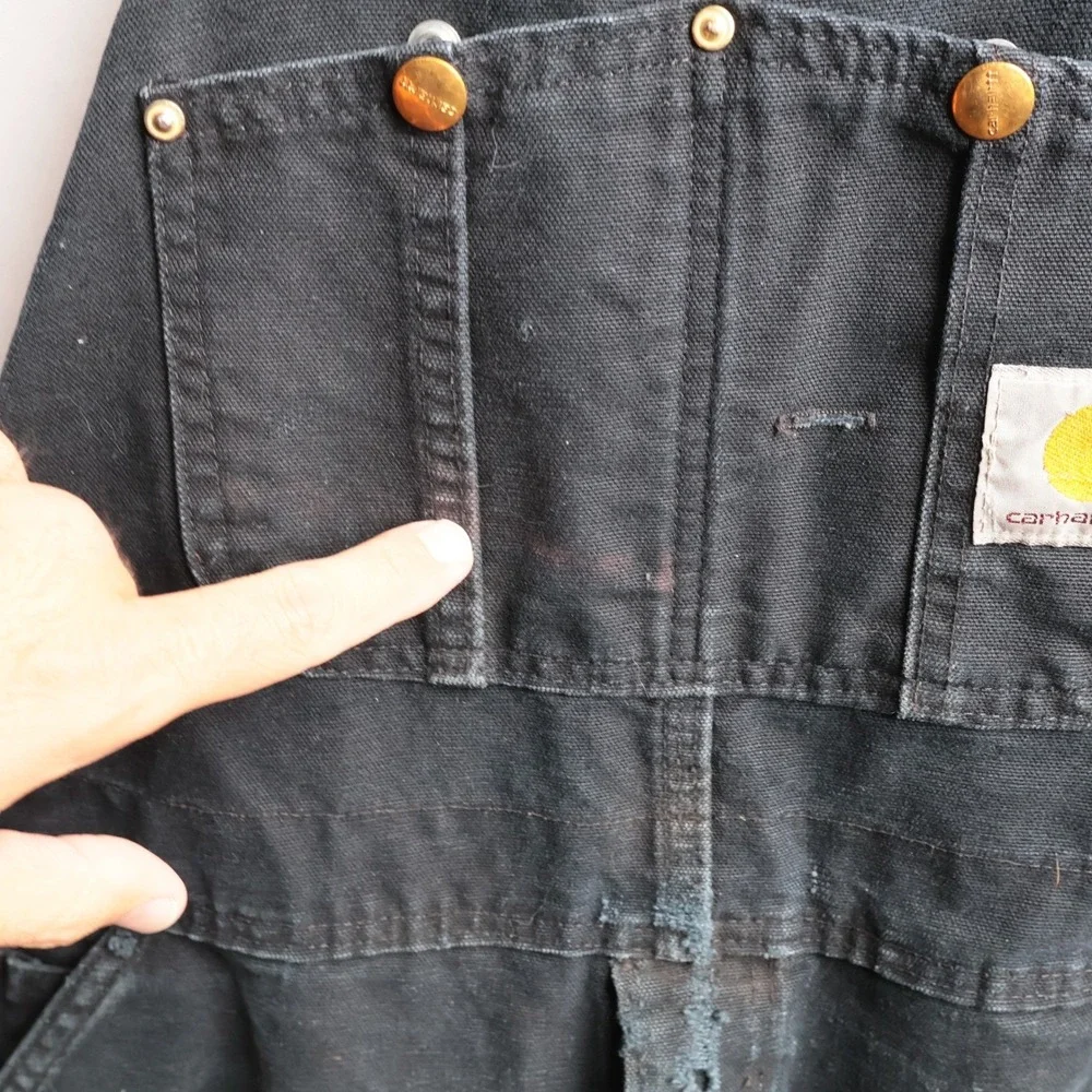 VTG Carhartt Mens Black Duck Bib Overalls Double Knee Work Pants Distressed SEE